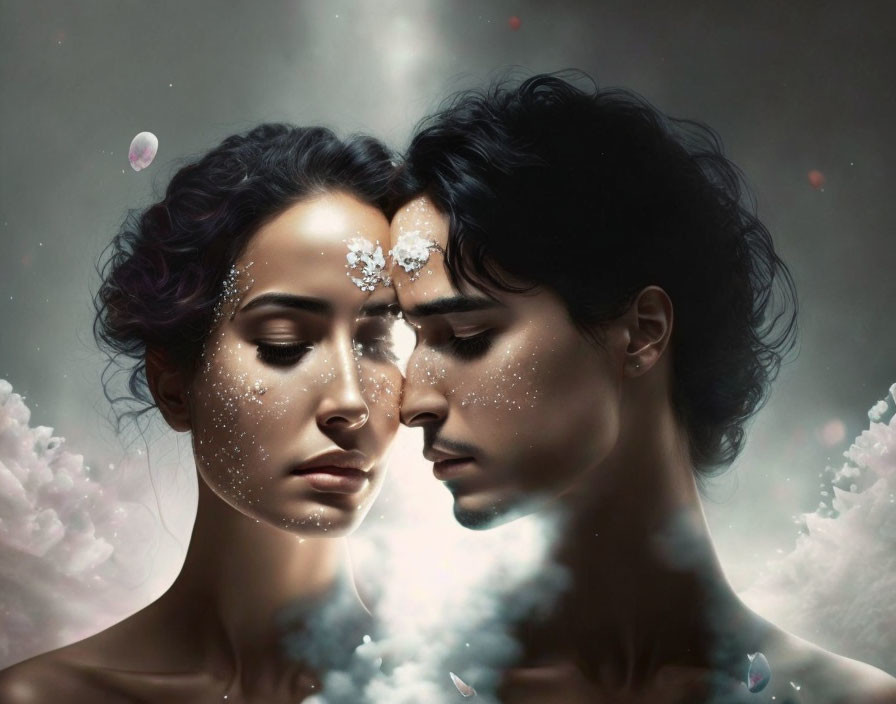 Man and woman portrait in mist with ethereal petals - dreamlike and romantic.