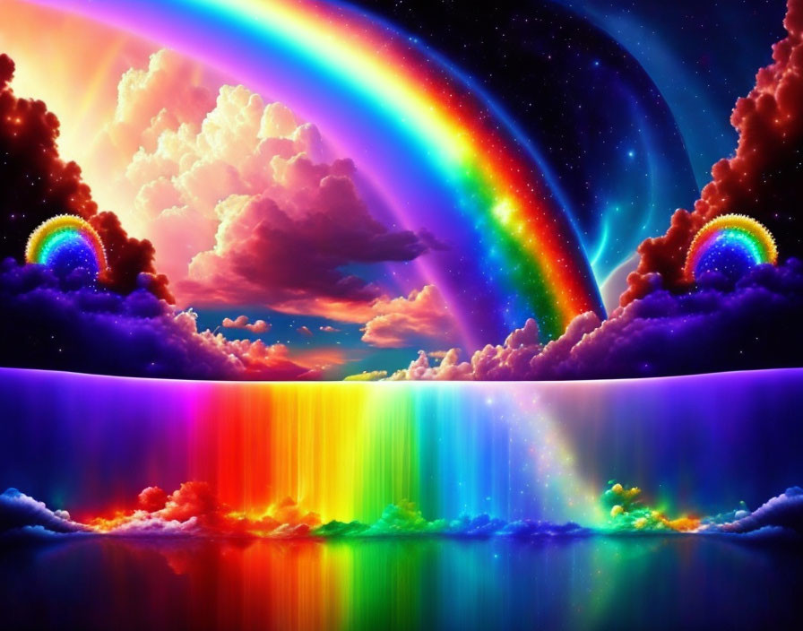 Colorful dual rainbow in surreal cosmic setting with clouds and water.