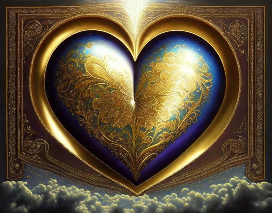 Intricate golden heart with celestial scene on cloudy sky