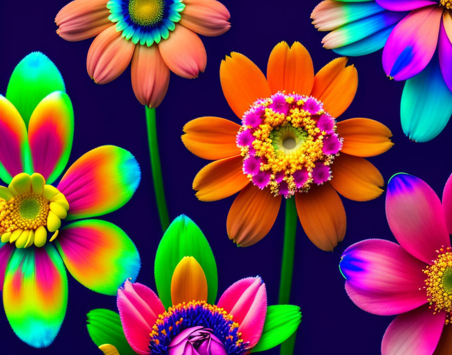 Colorful Neon-Like Digital Flowers on Dark Blue Background