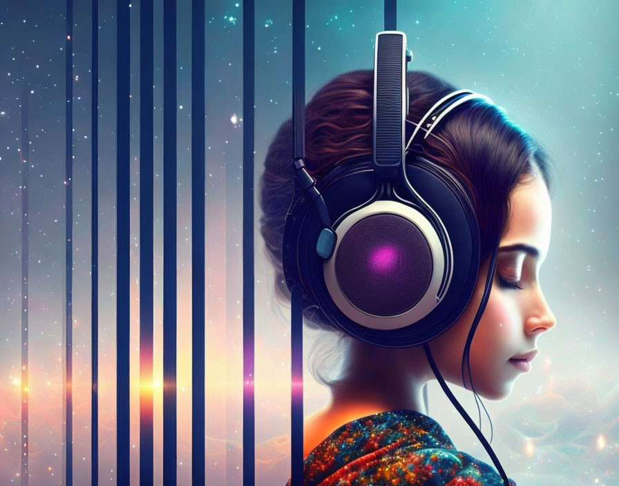 Profile of woman with headphones against colorful cosmic backdrop