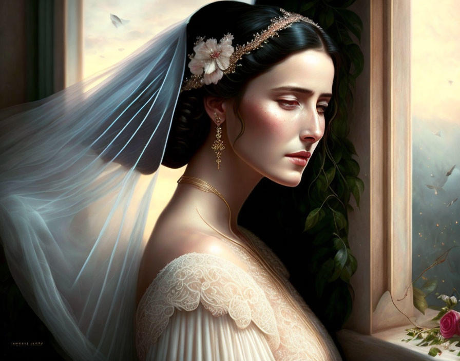 Woman in Veil and Floral Headpiece Contemplating by Window