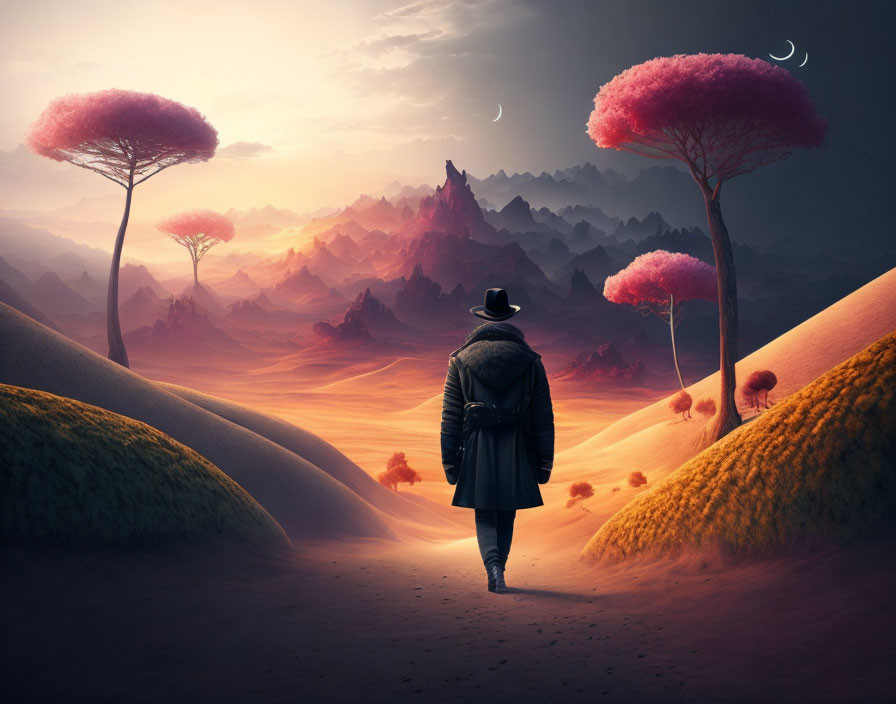 Person in coat and hat in surreal landscape with pink trees and moons