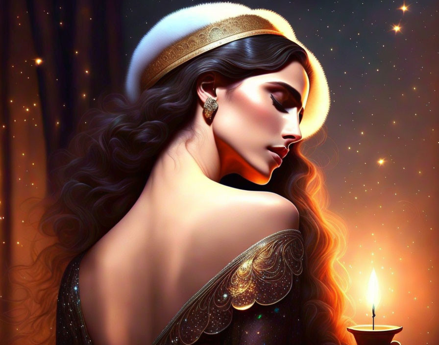 Illustration of woman with long hair, halo, ornate shoulder piece, candle, starry backdrop