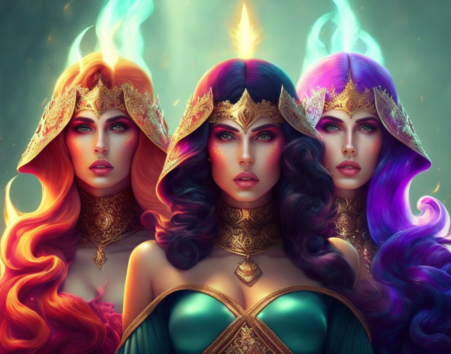 Three fantasy women with ornate crowns and flowing, colorful hair in mystical setting.