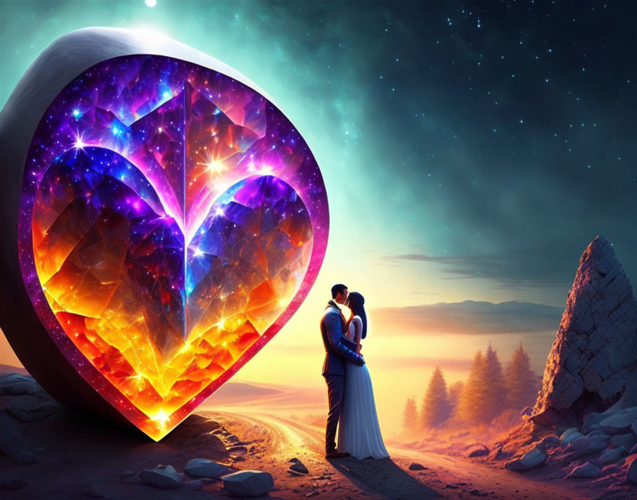 Romantic couple embraces by glowing heart-shaped gem under starry night sky