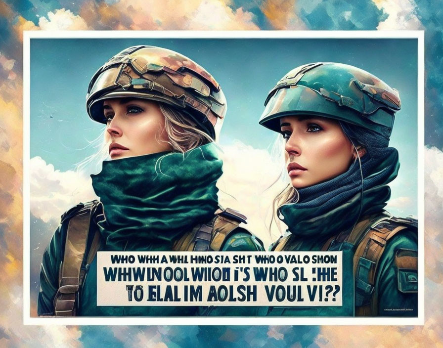 Two female soldiers in combat helmets with stylized artistic effects.