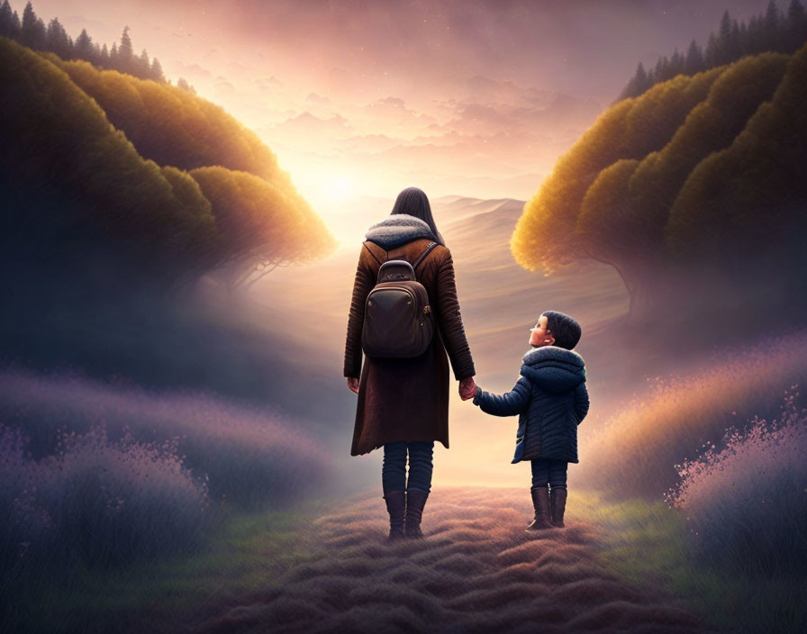 Parent and child walking towards sunrise in nature scene