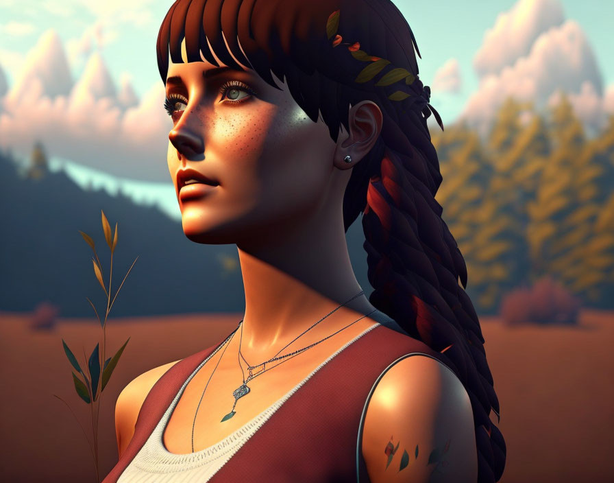 Digital portrait of a woman with braid and tattoos in twilight mountain setting