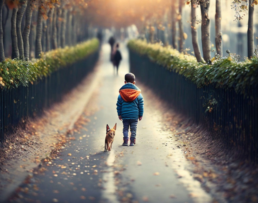 Child and small dog walking on tree-lined path in autumn.