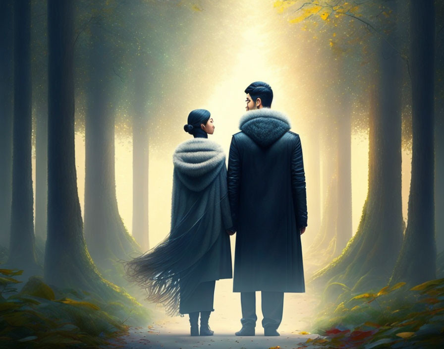 Man and woman in long coats with fur collars in mystical forest.