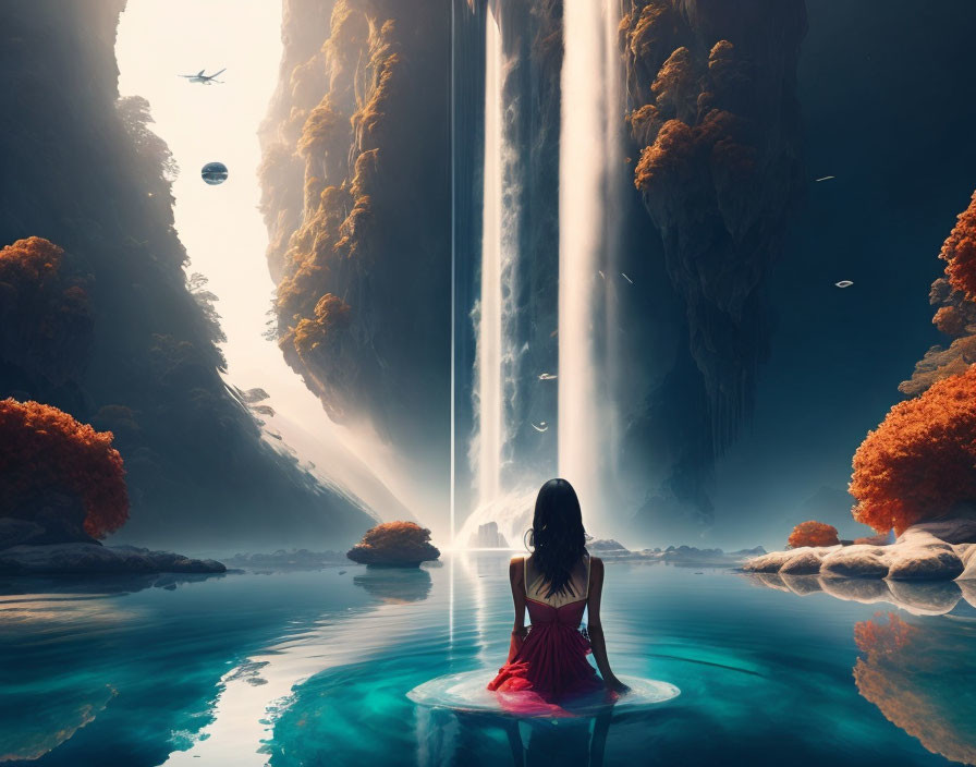 Woman in red dress gazes at majestic waterfall in surreal canyon with futuristic ships