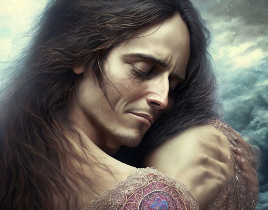 Long-haired man embracing someone in digital painting against cloudy sky