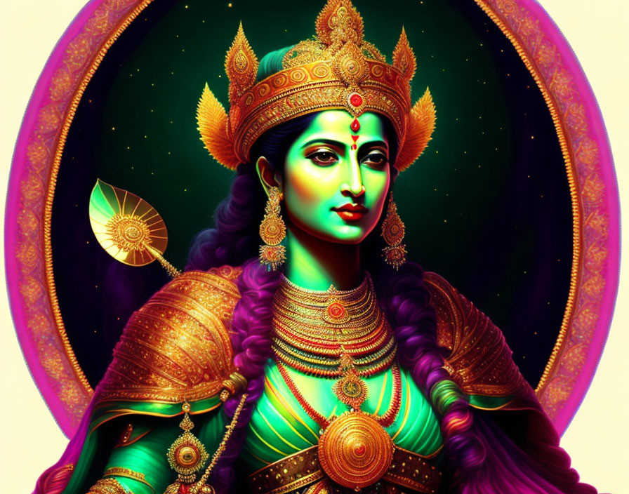 Female deity digital illustration with green complexion and golden adornments on dark backdrop