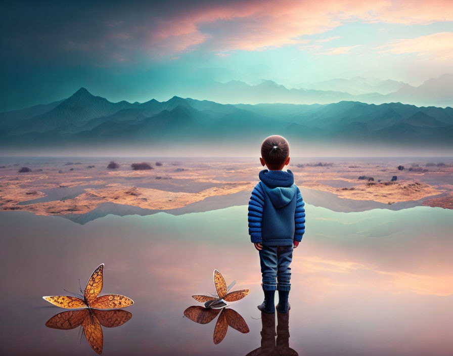 Child in Blue Jacket Admiring Serene Landscape with Reflective Water, Butterflies, and Maj