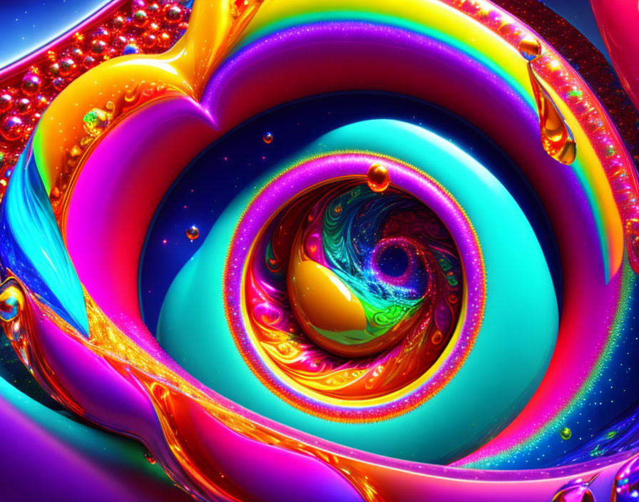 Colorful Abstract Fractal Art: Iridescent Swirl with Glistening Droplets