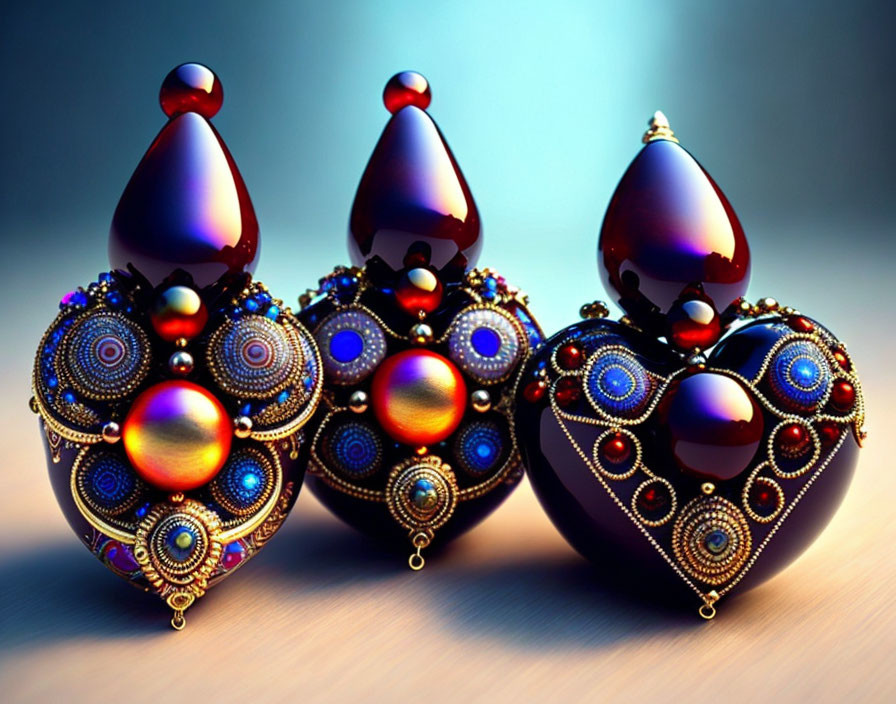 Three ornate jeweled perfume bottles on gradient background