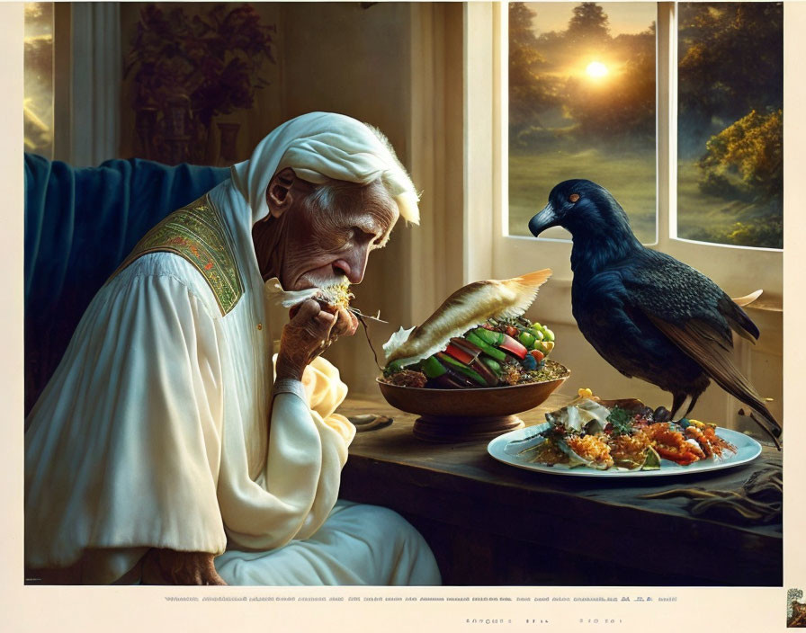 Elderly person with white hair feeding grasshopper at sunset table