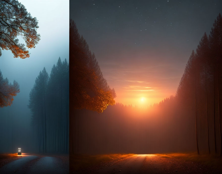 Split-image of forest path: autumn sunrise on one side, night sky on the other