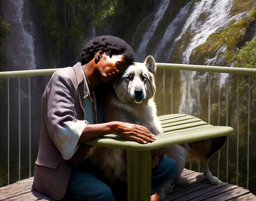 Person with sunglasses resting head on large dog by railing near waterfall