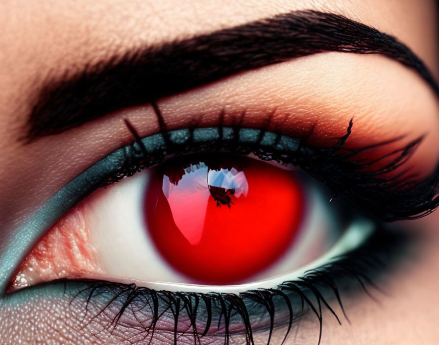 Human eye with dramatic black eyeliner and mascara, red iris color