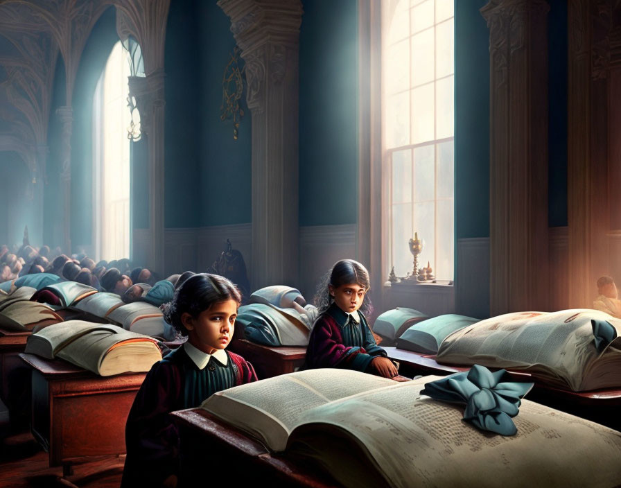 Children in school uniforms at wooden desks in grand, dimly lit classroom with sunbeams.