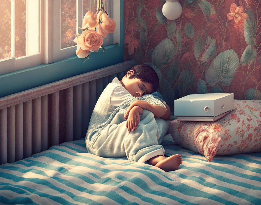 Child napping in sunlit room with floral wallpaper and striped bedspread.