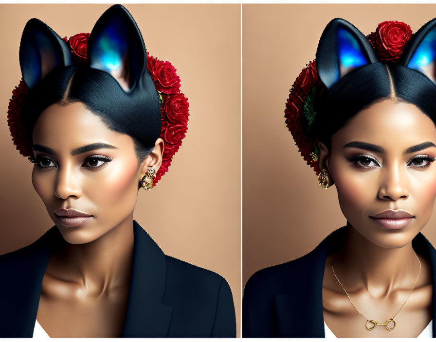 Woman with Cat Ears Filter and Red Roses in Hair in Black Blazer on Beige Background