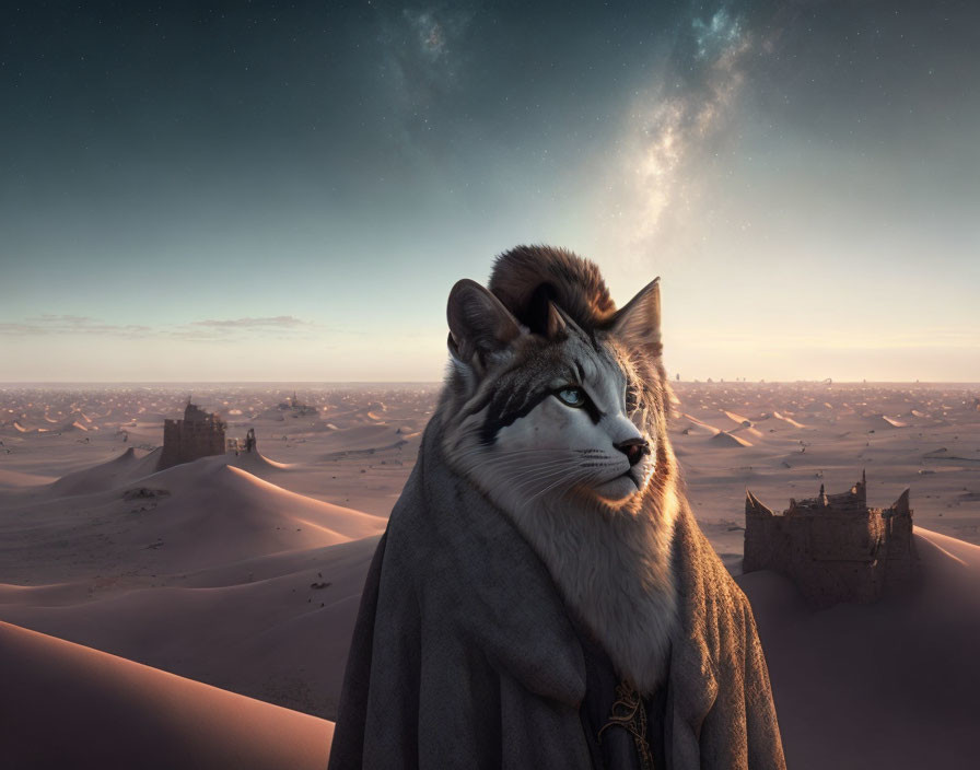 Anthropomorphic feline figure in cloak amid desert ruins