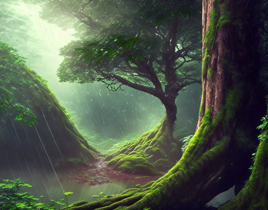 Tranquil forest scene with moss-covered trees and sunlight filtering through rain shower.