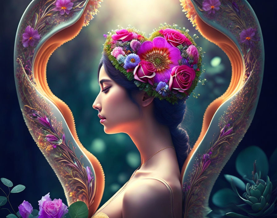 Profile of a woman with floral crown in heart-shaped fantasy frame in twilight forest