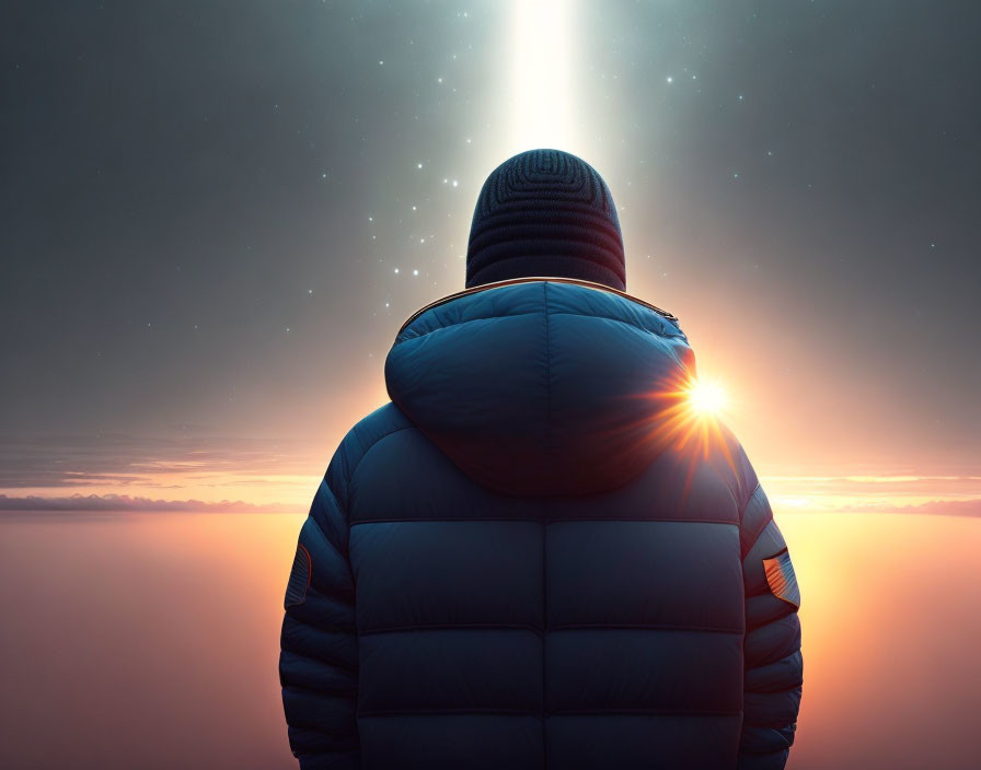 Person in warm jacket admires starry sky and sunrise horizon