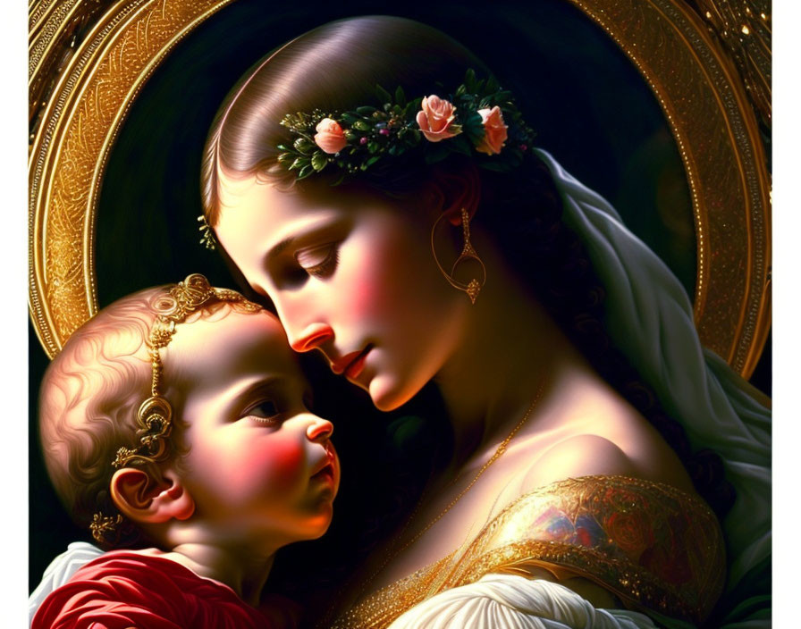 Woman with floral crown holding child under golden halo.