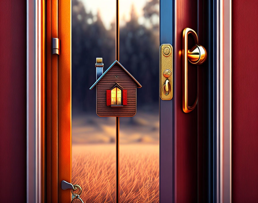 House-shaped keychain hanging on door lock with sunset view