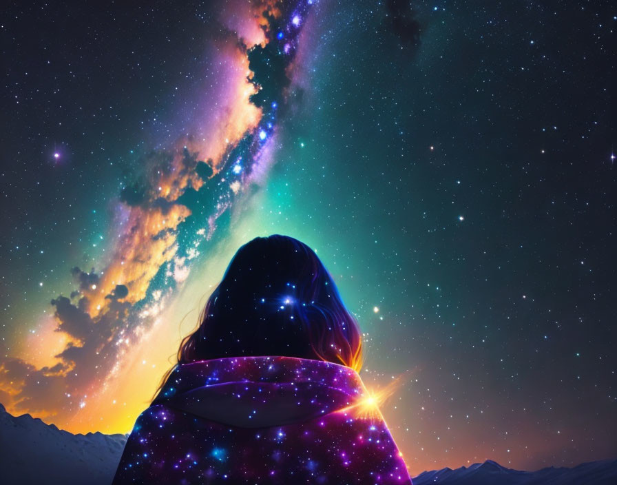 Person wrapped in starry blanket under vibrant Milky Way and silhouetted mountains.