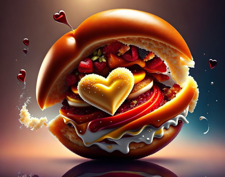 Colorful Heart-Topped Burger Illustration with Fruit Fillings