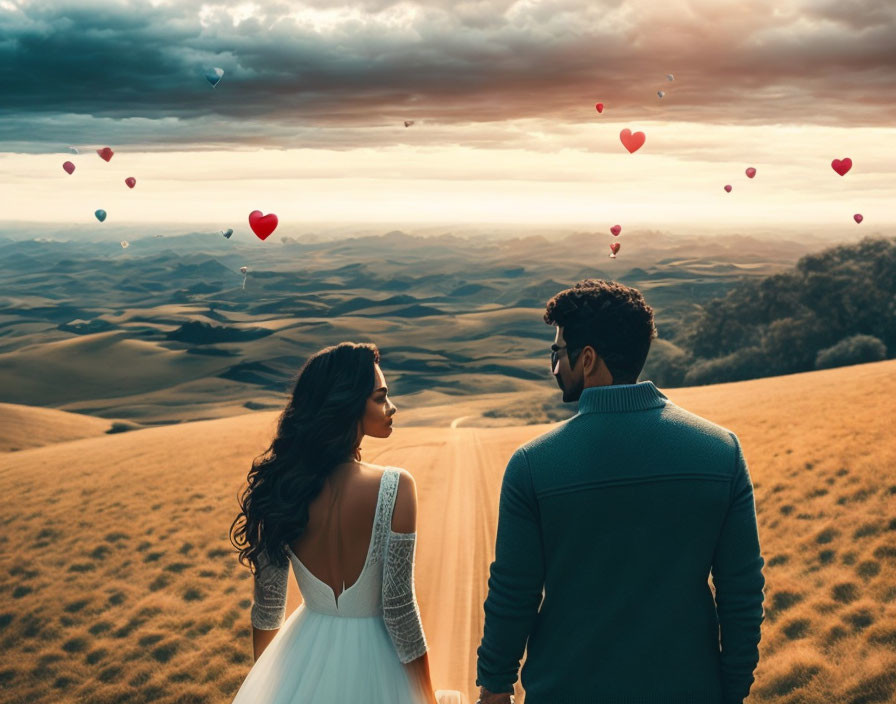 Couple holding hands with heart-shaped balloons in scenic sunset landscape