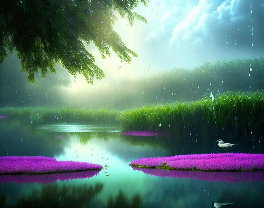 Tranquil landscape with purple flora, lone bird, green trees, rain droplets, and glowing