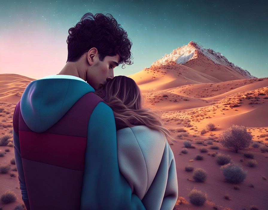 Romantic couple in desert twilight with snowy peak and stars