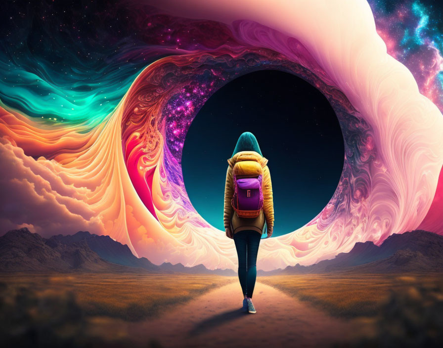 Person walking towards surreal cosmic portal in desert landscape