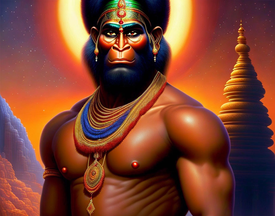 Muscular anthropomorphic monkey with jewelry and halo on orange backdrop.