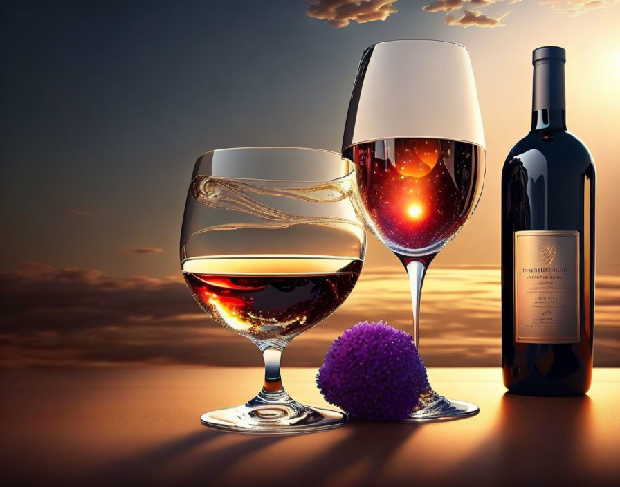 Wine glasses, bottle, and purple ball on sunset background