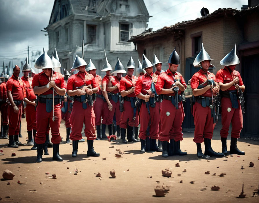 Group of people in red uniforms with cone-shaped helmets holding rifles under cloudy sky