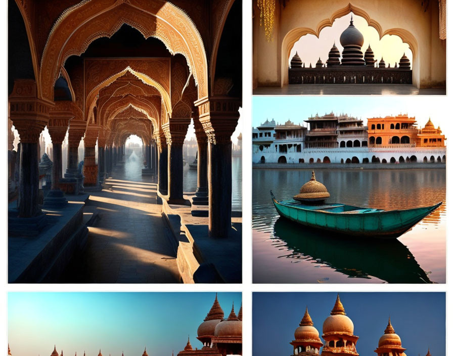 Indian Landmarks Architectural Collage with Archways, Domes, Boat, and Palace