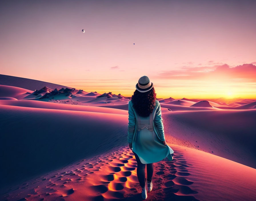 Person in hat and coat in desert at sunset with crescent moon and purple sky