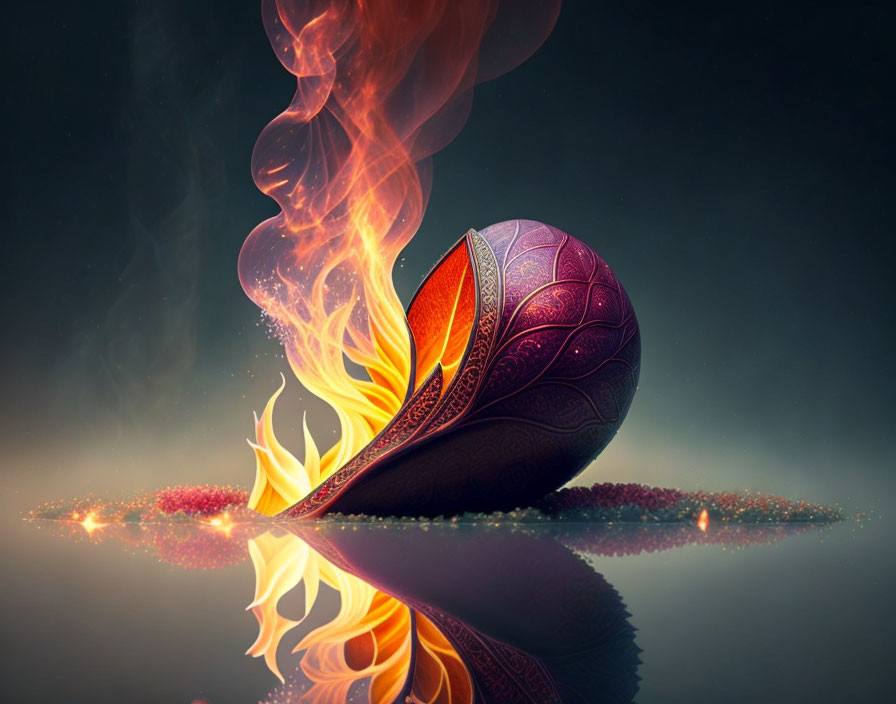 Digital artwork of spherical object with intricate patterns split open, flames emerging, on dark reflective backdrop