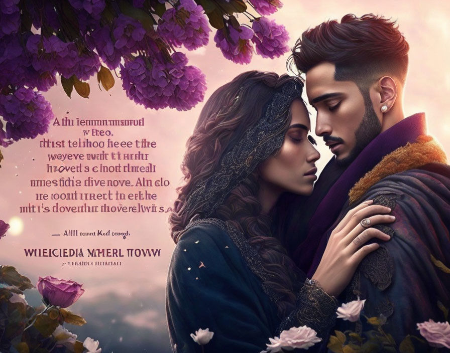 Romantic digital artwork of stylized couple with purple flowers