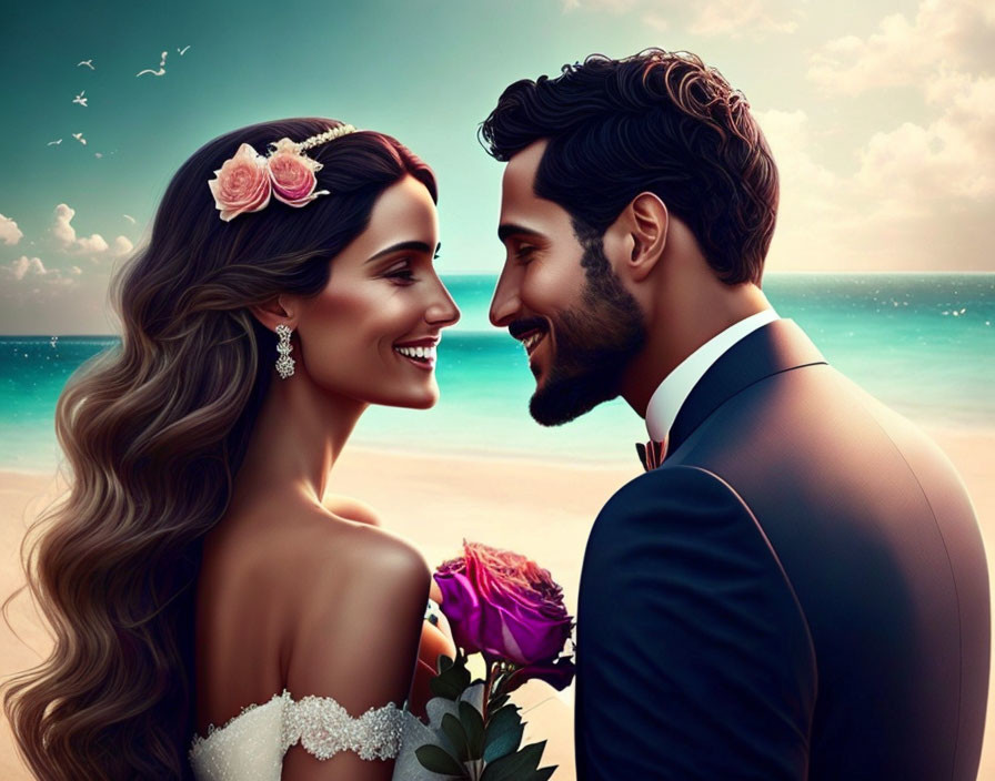 Smiling bride and groom on beach with ocean backdrop