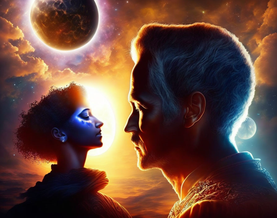 Profile portraits with cosmic backdrop featuring sun, stars, and moons; one with blue face paint, other