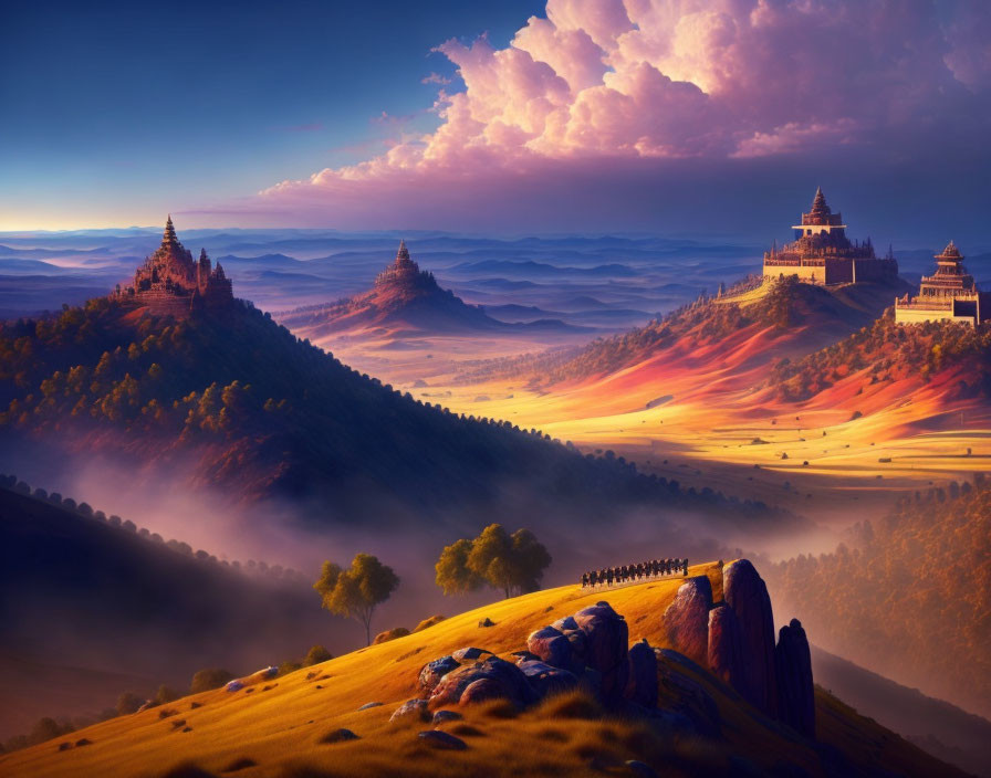 Majestic castles in fantastical landscape with colorful sky